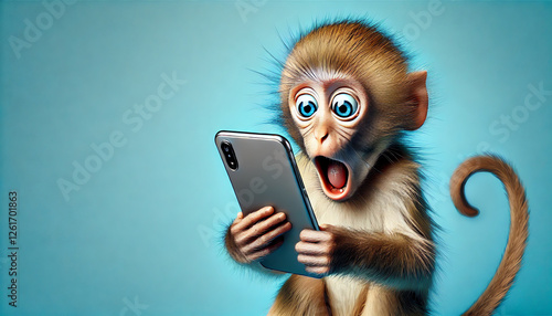A monkey with wide, surprised eyes, holding a smartphone