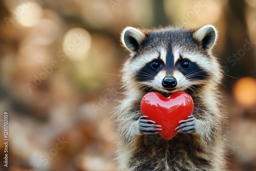 Marketing animal concept art. Cute raccoon baby with diamond red heart on in a natural habitat. Raccoon - my cherished animal. Heart-shaped fur pattern. Natureâ€™s affectionate side. Wild love. photo