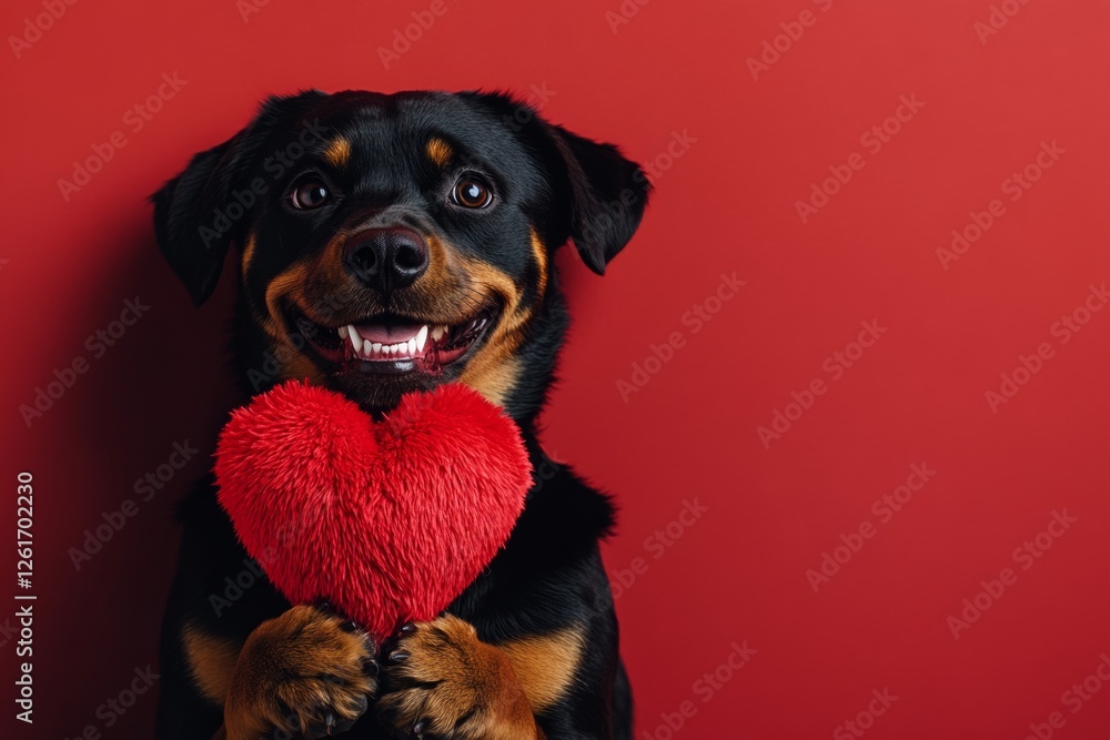 Obraz premium Cute rottweiler pooch with fluffy red heart - sign of love, funny greeting card. Commercial idea. Rottweiler - my desired dog. Romantic dog valentines. Animal love valentine's photos. Pet lov.