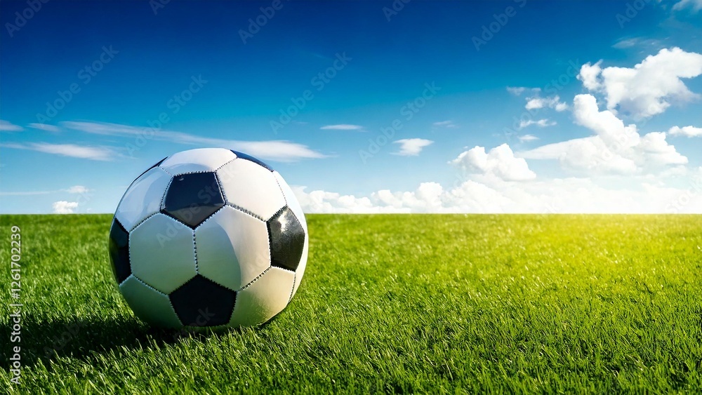 Naklejka premium サッカーのイメージ 青空 芝生 おしゃれ 背景素材 チラシ・バナー・動画素材 AI生成素材 