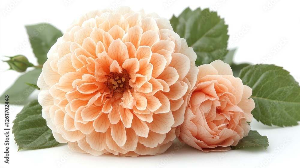 Beautiful peach-colored dahlias and a rose with green leaves on a white background Beautiful peach-colored dahlias and a rose with green leaves on a white background