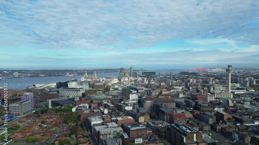 Modern Central Town Center and Downtown Buildings at British City Centre of Liverpool, Maritime city in northwest England, United Kingdom on Beach and Ocean Docks. May 5th, 2024. Modern Central Town Center and Downtown Buildings at British City Centre of Liverpool, Maritime city in northwest England, United Kingdom on Beach and Ocean Docks. May 5th, 2024.