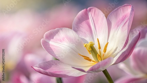 Single dreamy surreal pink flower. The image symbolizes beauty, fragility, life, rebirth, and the power of nature.  Ethereal pale pink flower with flowing petals against a blue background.