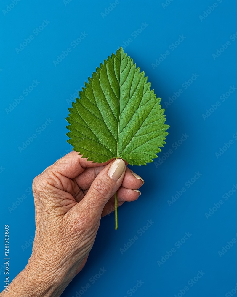 Tactile Eco-Friendly Design Mature Hand with Nettled Leaf on Bold Blue - Sustainable Living Inspirations for Modern Landscaping and Natural Wellbeing Tactile Eco-Friendly Design Mature Hand with Nettled Leaf on Bold Blue - Sustainable Living Inspirations for Modern Landscaping and Natural Wellbeing