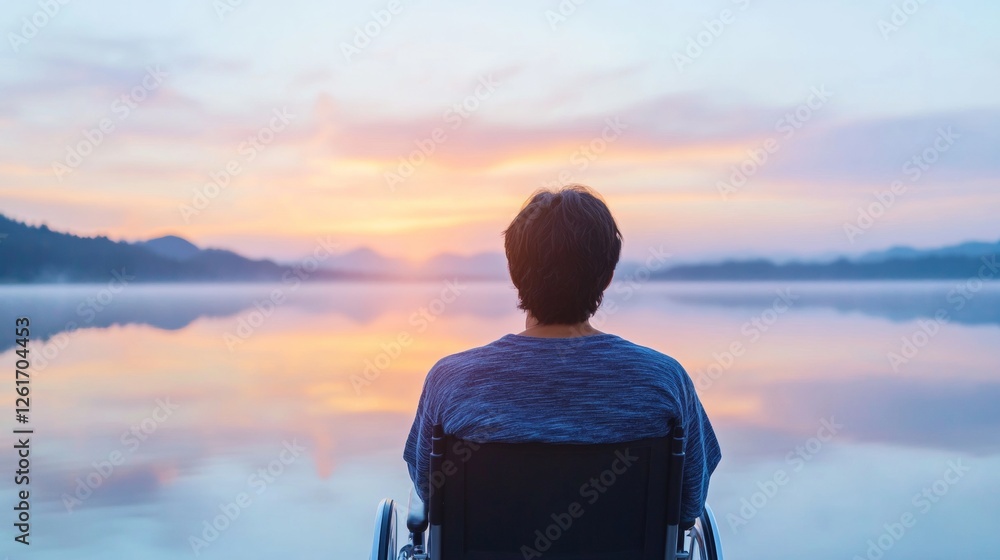 Fototapeta premium Serene Nature Reflection South Asian Adult with Mobility Aid by Tranquil Lake at Sunset - Wellness Retreat and Digital Detox Marketing for Mental Health Promotion