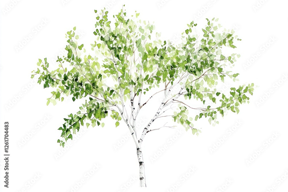 Fototapeta premium Spring birch tree, leaves, white background, nature illustration, design