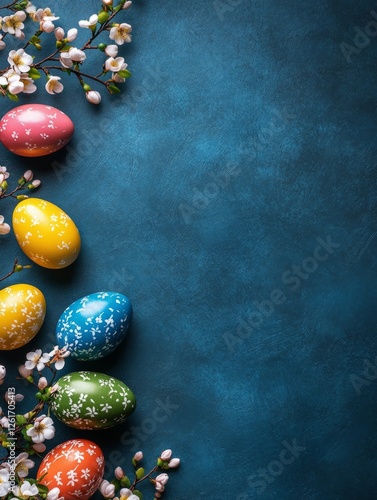 Colorful Easter Eggs And Blossoms On Blue Background With Copy Space