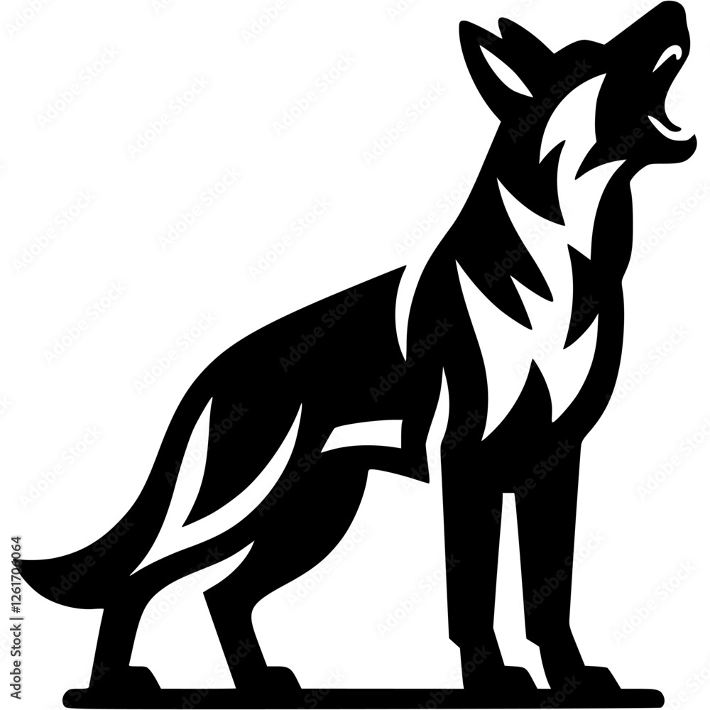 Fototapeta premium Tattoo of angry roaring German shepherd dog in monochrome. German shepherd dog full size in defense of territory. Engraving minimalistic vector in black ink drawing on transparent background