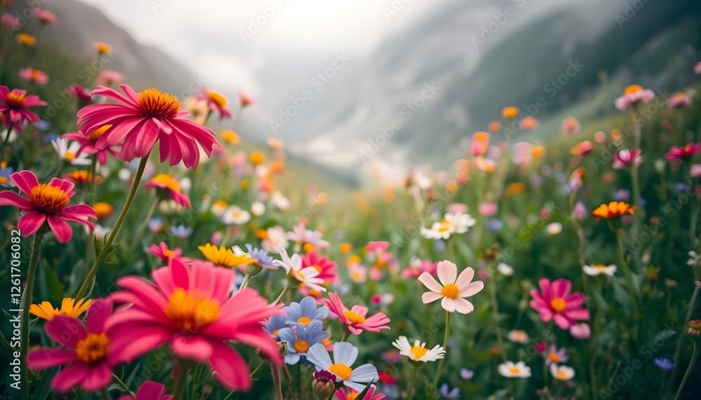 Obraz premium Vibrant Wildflower Meadow in Majestic Mountain Landscape