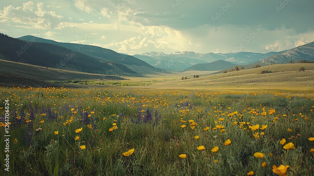 Fototapeta premium Scenic View of Vibrant Wildflower Field Beneath Dramatic Sky in Majestic Mountain Landscape
