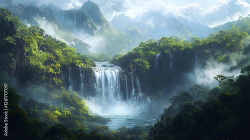 Majestic mountain waterfall cascading through vibrant green rainforest