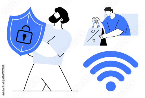 Man holding a shield with a lock, another person carrying shopping bags with a discount tag, and a wireless icon. Ideal for online security, e-commerce, digital transactions, cybersecurity, internet