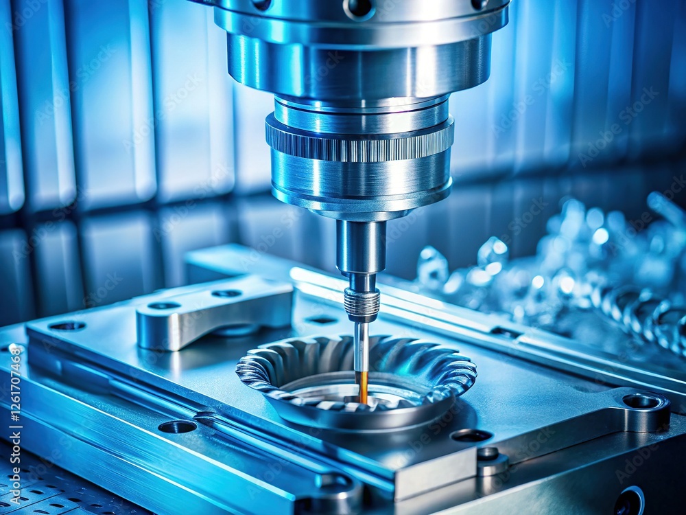 CNC Machining: Close-up of Precision Drilling Tool in Light Blue Studio Setting CNC Machining: Close-up of Precision Drilling Tool in Light Blue Studio Setting