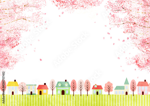 桜満開の街並み背景、横、イラスト、かわいい