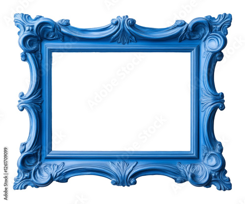Ornate blue picture frame with empty center, victorian style design concept