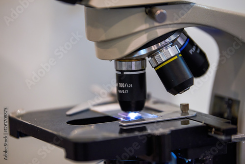 Close-up of a medical laboratory microscope photo