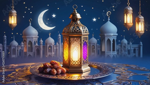 Ramadan lantern background with mosque and night sky
