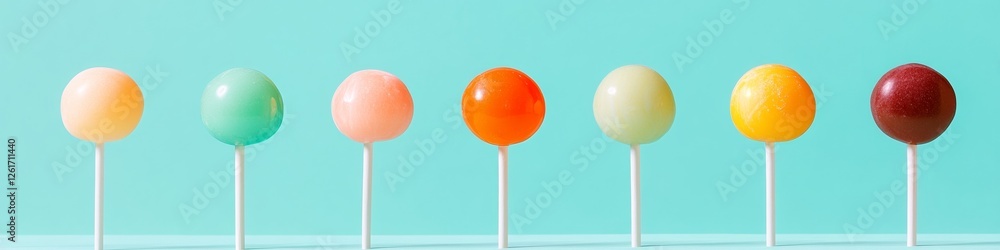 Fototapeta premium Vibrant Confectionery Display Assorted Lollipops on Gradient Backdrop - Modern Retail Visual Content and Sweet Shop Merchandising for Enhanced Customer Engagement