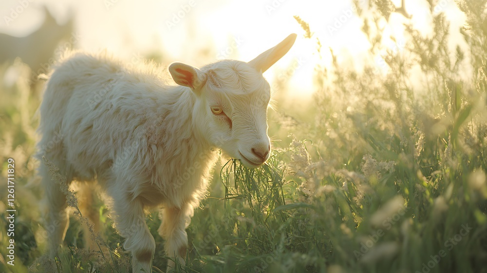 Fototapeta premium A young goat enjoys its pasture in the golden light of early morning