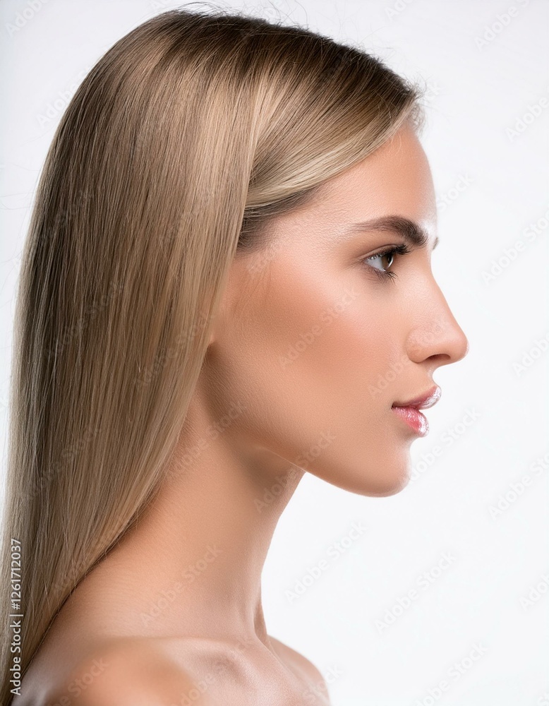 Fototapeta premium 白く整った美しい歯並びの白人女性の顔のクローズアップ。白い背景。AIで生成
