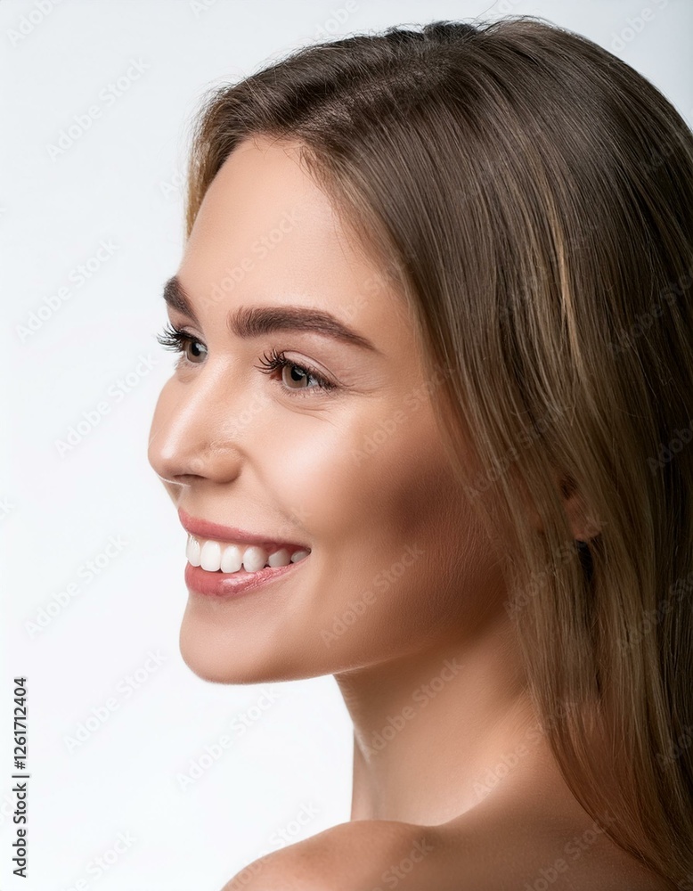 Obraz premium 白く整った美しい歯並びの白人女性の笑顔の横顔クローズアップ。白い背景。AIで生成