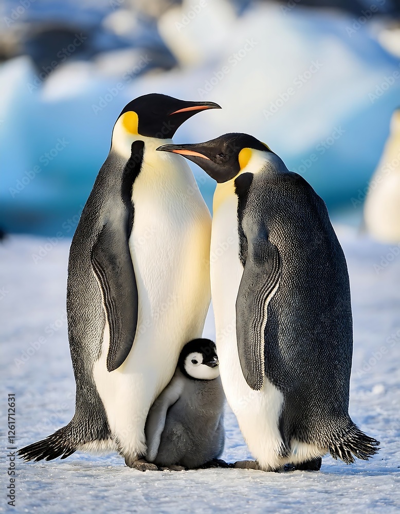Obraz premium Adorable Penguin Family on Icy Terrain with a Cozy Chick