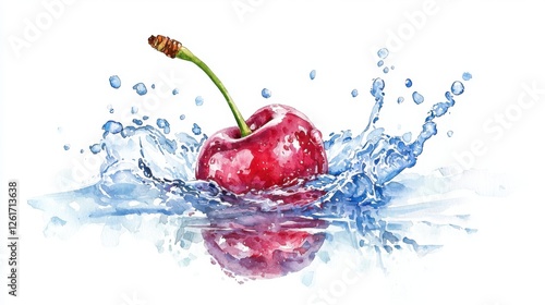 A vibrant cherry splashes into clear water, creating dynamic movement and refreshing imagery. Perfect for food and beverage themes or summer concepts.