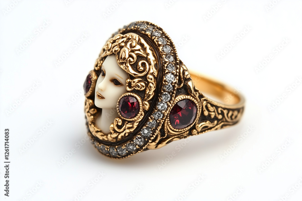 Fototapeta premium Luxurious medieval gold ring with precious stones and woman face isolated on white background.