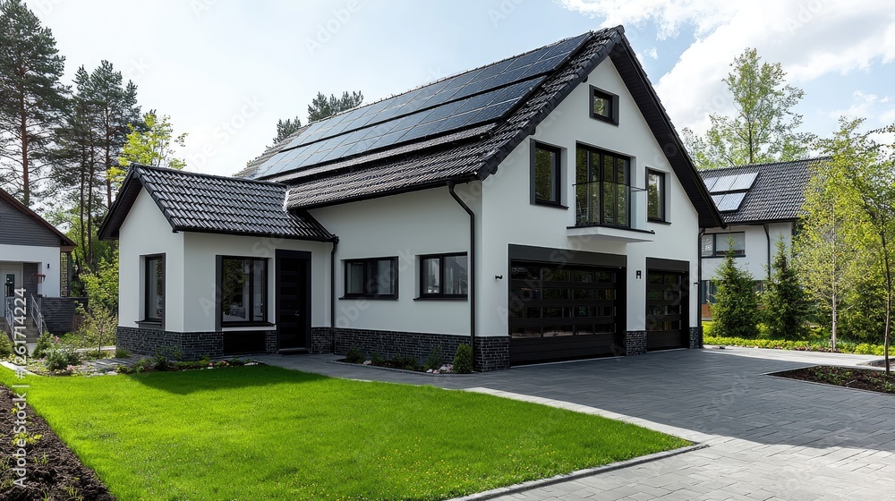 Modern house, solar panels, green lawn, driveway, suburban setting, real estate Modern house, solar panels, green lawn, driveway, suburban setting, real estate