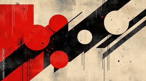 Abstract composition featuring red and black geometric shapes with a textured background