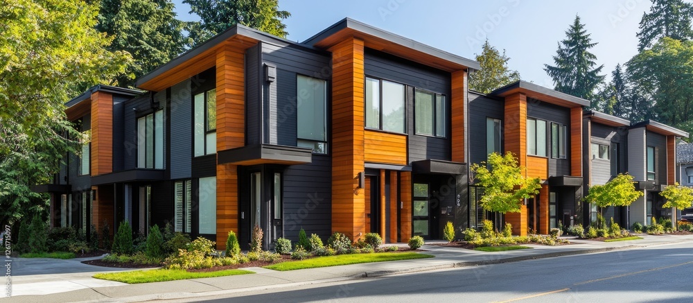 Naklejka premium Modern Townhouses on Sunny Street with Lush Landscaping