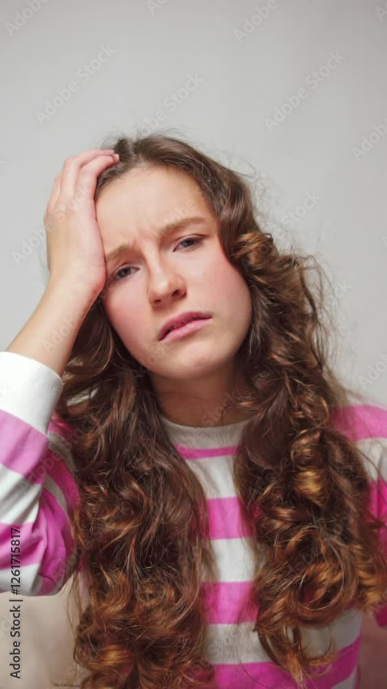 Vertical video little girl rubbing forehead with sadness, feeling tired Vertical video little girl rubbing forehead with sadness, feeling tired