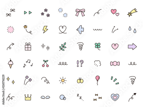 かわいいアイコンセットのベクターイラスト。飾り、ハート、シンプル、リボン、音符