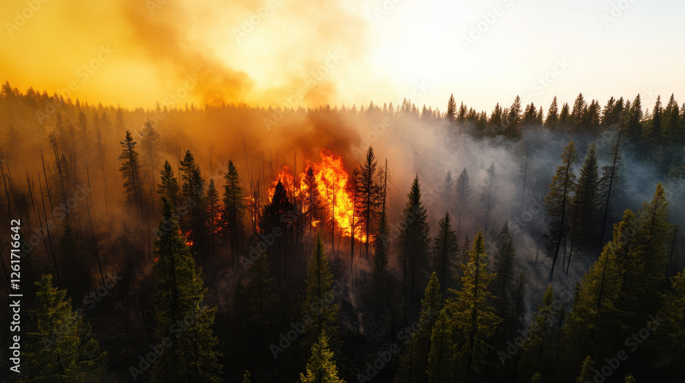 dense forest engulfed in flames, showcasing devastation of wildfire dense forest engulfed in flames, showcasing devastation of wildfire