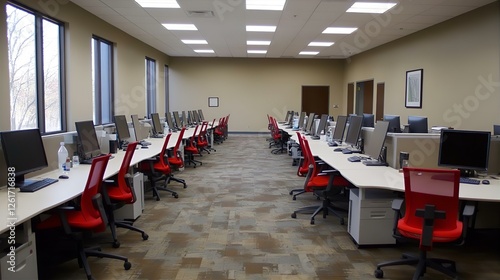 Modern Computer Lab Interior: Rows of Desktops & Red Chairs in Brightly Lit Room, Beige Walls, Carpeted Floor, Educational Facility