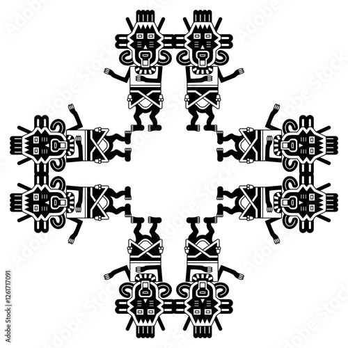 Square geometrical ornament or frame with stylized human figurines from Paracas. Indigenous ethnic Native American design from ancient Peru. Black and white silhouette