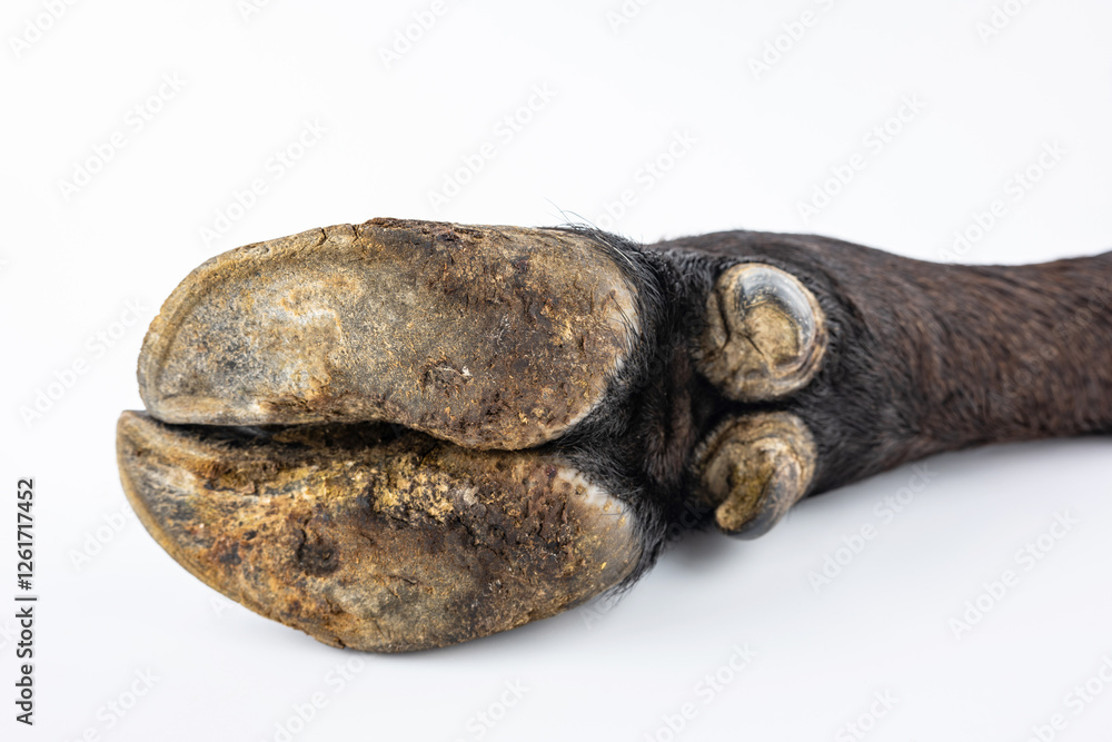 A black cow hoof on a white background A black cow hoof on a white background