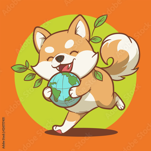 cartoon of a shiba inu dog hugging a globe