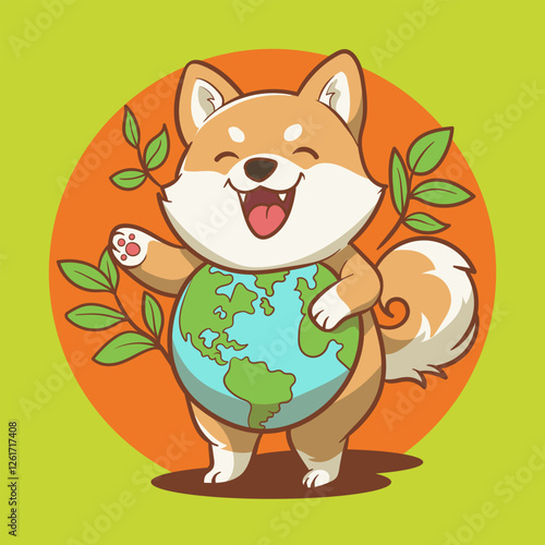 cartoon of a shiba inu dog hugging a globe