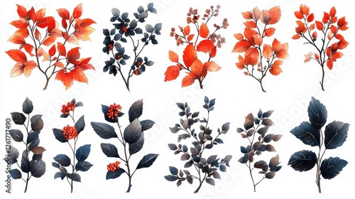 A vibrant collection of red and blue botanical illustrations showcasing various leaves and berries