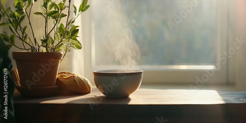 Wallpaper Mural Warm Minimalist Dining Ceramic Soup Bowl with Fresh Bread and Sunlit Greenery - Comfort Food Visuals and Culinary Branding for Hospitality Industry Torontodigital.ca