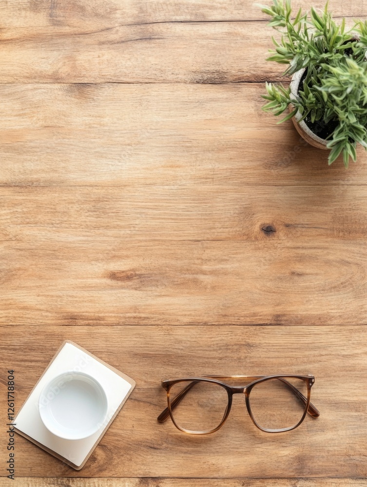 Fototapeta premium Scandinavian Minimalism Sleek Wooden Desk with Glasses, Plant and Notepad - Efficient Workspace Design for Creative Professionals in Business and Marketing