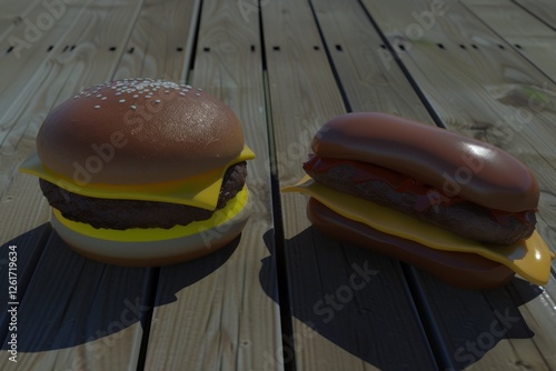 Delicious Cheeseburgers and Hot Dogs on Wooden Deck photo