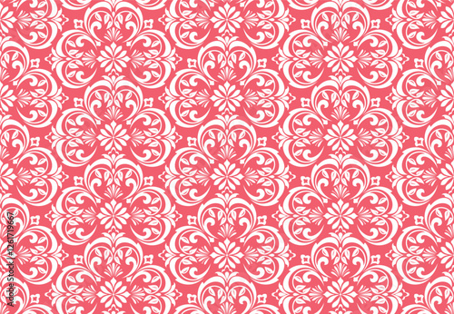 Wallpaper in the style of Baroque. White and pink floral ornament. Seamless vector background. Graphic pattern for fabric, wallpaper, packaging. Ornate Damask flower illustration