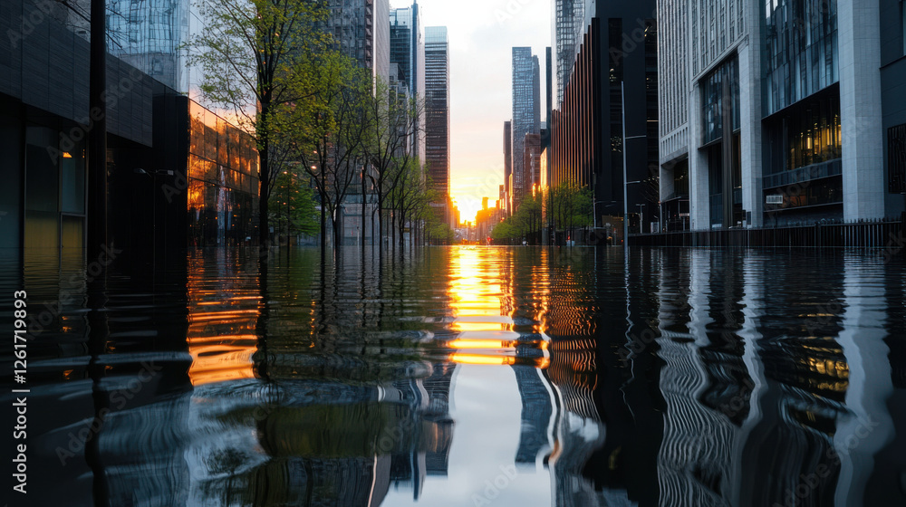 Fototapeta premium flooded modern city reflecting sunlight on water, showcasing urban resilience