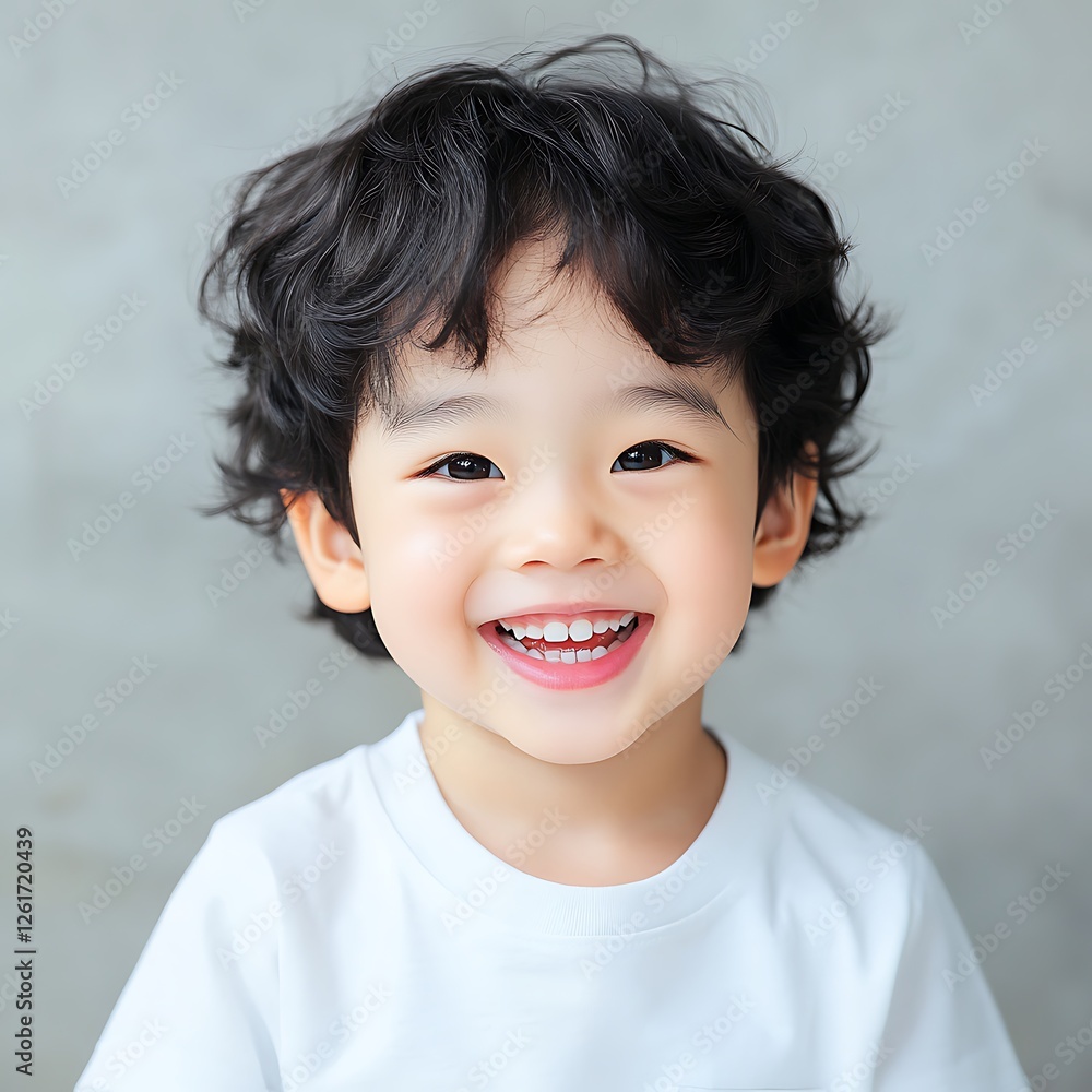 A Cute Child with Beautiful Curly Hair Smiling in a Bright and Simple Setting A Cute Child with Beautiful Curly Hair Smiling in a Bright and Simple Setting