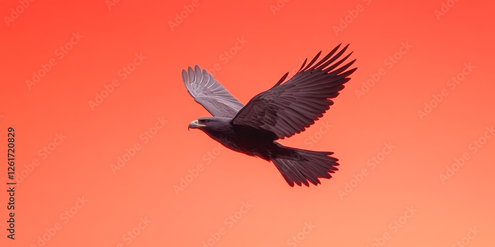 Obraz premium Dynamic Avian Sculpture Imagery Black Eagle Over Gradient Red Background - Symbolic Patriotic Marketing and Cultural Engagement, Modern Visual Evocation