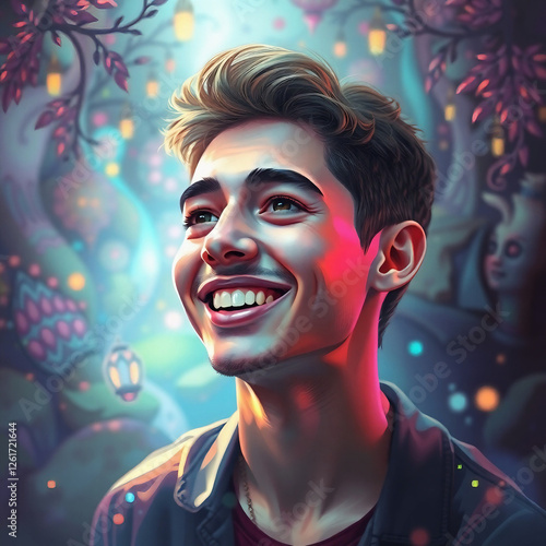 A hyperrealistic digital painting in electric vivid colors depicting a joyful young man in a mystic, enchanting environment. Gentle color contrasts and a dreamlike atmosphere create an otherworldly
