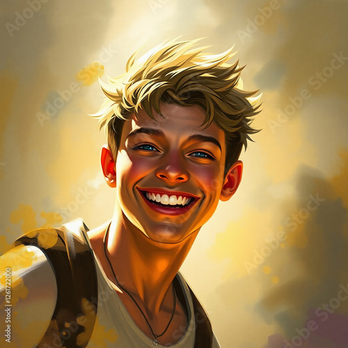 A digital painting, dynamic and rough, in complementary epic colors, misty atmosphere.  Painterly strokes depict a joyful young man with a bright smile, warm skin, and confident expression