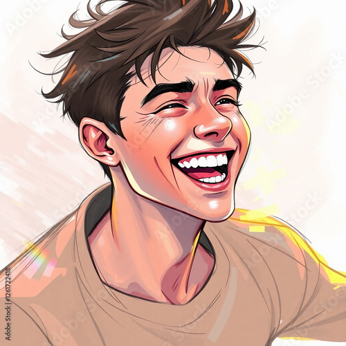A digital sketch, dynamic and in motion, with iridescent colors. A joyful young man, with warm skin, bright smile, and confident expression, blurred lines, action pose, and iridescent reflections
